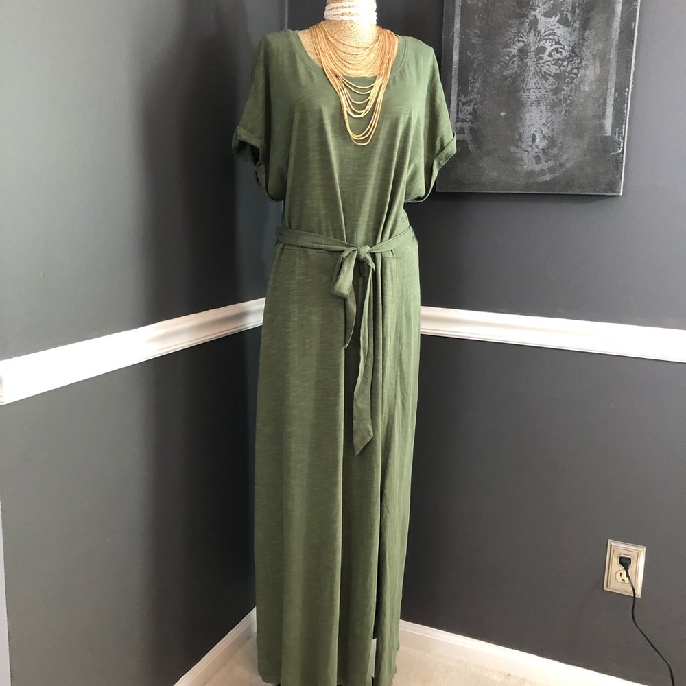 Moss Green Capped Sleeve Long Dress with Side Slit